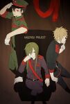  1girl 2boys black_hair blonde_hair couch finger_to_mouth from_above gloves gloves_removed green_skirt hand_on_headwear hand_on_own_cheek hand_on_own_face kagerou_project kano_shuuya kido_tsubomi long_hair military military_uniform multiple_boys nekome3 red_eyes red_scarf scarf seto_kousuke shushing siblings skirt sleeves_rolled_up smile smirk uniform 