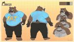  2022 anthro belly big_belly bodily_fluids bottomwear brown_body butt clothing facial_hair male mammal mature_male model_sheet moobs multiple_poses mustache nipples overweight overweight_male pants pose sato_afroleone shirt solo sweat text text_on_clothing text_on_shirt text_on_topwear topwear ursid 