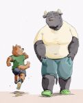  2022 anthro belly black_nose blush bottomwear bovid bovine brown_body canid canine canis cattle clothing domestic_dog duo hi_res kemono male mammal overweight overweight_male pommn_mn running shirt shorts size_difference topwear walking young 