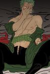  1boy bed blush clothes_removed green_hair hand_on_own_chest haramaki implied_yaoi looking_at_viewer male_focus muscular muscular_male nekome3 one_piece roronoa_zoro scar scar_on_chest solo 