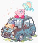  bandana_waddle_dee blue_eyes blush car closed_eyes colored_skin elfilin flower full_body grass ground_vehicle heterochromia kirby kirby_(series) kirby_and_the_forgotten_land looking_at_another motor_vehicle mutekyan no_humans on_vehicle open_mouth petals pink_skin polearm purple_flower rust spear triangle_mouth weapon white_background white_flower yellow_flower 