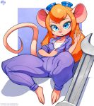  2022 3_toes 4_fingers anthro blue_eyes chip_&#039;n_dale_rescue_rangers clothed clothing disney eyelashes eyewear eyewear_on_head feet female fingers gadget_hackwrench goggles goggles_on_head hair hi_res krokobyaka long_hair mammal mouse murid murine orange_hair rodent simple_background solo text toes tools url wrench 