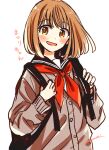  1girl :d backpack bag bangs black_sailor_collar blush blush_stickers brown_cardigan brown_eyes buttons cardigan character_name commentary eyebrows_visible_through_hair happy himawari-san holding_strap kazamatsuri_matsuri light_brown_hair long_sleeves looking_at_viewer neckerchief open_mouth red_neckerchief sailor_collar school_bag school_uniform serafuku short_hair signature simple_background sketch smile solo split_mouth sugano_manami translated upper_body white_background 