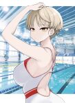  1girl arms_up bangs blonde_hair blue_archive breasts closed_mouth eyebrows_visible_through_hair highres jorin large_breasts looking_at_viewer marina_(blue_archive) one-piece_swimsuit photo_background pool short_hair solo swimsuit symbol-only_commentary white_swimsuit yellow_eyes 