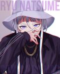  1boy body_piercings covering_mouth grey_background hat jacket jewelry long_sleeves looking_at_viewer male_focus multicolored_background natsume_ryu necklace nyamnyam0502 paradox_live purple_eyes purple_hair ring solo white_background 