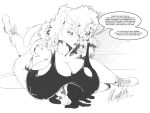  anthro big_breasts breast_smother breasts cleavage clothed clothing curled_hair dialogue domestic_cat dreadlocks english_text felid feline felis glistening glistening_clothing hair huge_breasts leotard lion mammal monochrome pantherine simple_background smothering text wrestling 