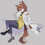  1girl agnes_tachyon_(umamusume) ahoge animal_ears bangs boots brown_hair coat earrings full_body grey_background grin hair_between_eyes high_heel_boots high_heels highres horse_ears horse_girl horse_tail jewelry labcoat looking_at_viewer necktie oda_ya_ka open_clothes open_coat orange_eyes purple_legwear short_hair short_necktie simple_background single_earring sleeves_past_fingers sleeves_past_wrists smile solo sweater symbol-only_commentary tail test_tube umamusume white_footwear yellow_sweater 