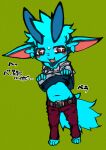  2016 :3 anthro aru_(dinogaize) blue_body blue_fur blue_tail blush bodily_fluids clothed clothing clothing_lift cute_fangs diamond_eyes dinogaize fluffy fluffy_tail fur green_background japanese_text kemono looking_away narrowed_eyes navel neck_tuft no_shading open_mouth pupils red_eyes simple_background sweat sweatdrop text translation_request tuft white_pupils young 