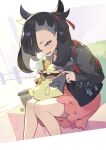  1girl backpack bag black_hair black_jacket black_nails bush cheek_pinching coffee_cup commentary_request cup disposable_cup dress eating fence food green_eyes hair_over_one_eye hair_ribbon highres jacket kin_niku looking_at_another marnie_(pokemon) morpeko morpeko_(full) on_lap open_mouth pinching pink_dress pokemon pokemon_(creature) pokemon_(game) pokemon_on_lap pokemon_swsh ribbon short_dress sitting smile stretching_cheeks twintails 