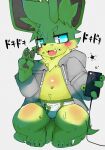  2018 anthro blue_eyes blush body_blush clothing crouching dinogaize drawstring fluffy fluffy_tail fur gesture grey_clothing grey_jacket grey_topwear holding_object holding_phone jacket japanese_text kemono navel neck_tuft phone pupils shaded simple_background solo star star_eyes taking_picture text topwear translated tuft v_sign white_briefs white_pupils yellow_body yellow_fur yodomaru_(dinogaize) young 