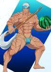  1boy abs biceps cyuss_warren dark-skinned_male dark_skin ear_piercing earrings food fruit headband jewelry large_pectorals male_focus male_swimwear manly mature_male mikura0317 muscular muscular_male navel necklace no_pants pectorals piercing shiny shiny_skin smirk solo spiked_hair star_ocean star_ocean_first_departure swim_briefs sword tail teeth thick_arms thick_thighs thighs tiger_stripes topless topless_male watermelon weapon white_hair wooden_sword 