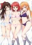  3girls :d :o arm_behind_back arm_up arms_under_breasts ass back bangs bare_arms bare_shoulders bed_sheet blue_eyes blue_panties blush bow bow_bra bow_panties bra braid braided_bun breasts brown_hair butt_crack cleavage collarbone commentary commission eyebrows_visible_through_hair feet_out_of_frame frilled_panties frills green_eyes grey_legwear hair_between_eyes hair_bow hair_bun hair_ornament hairclip half_updo hand_on_own_thigh hand_up knee_up kneehighs kneepits konoe_kanata lace-trimmed_bra lace-trimmed_panties lace_trim long_hair looking_at_viewer looking_back love_live! love_live!_nijigasaki_high_school_idol_club lying medium_breasts miso_(misomiso_154) multiple_girls navel on_back on_side on_stomach open_mouth orange_hair ousaka_shizuku panties parted_lips pink_bra pink_panties purple_bra purple_eyes purple_panties red_bow red_hair short_hair side-by-side side-tie_panties skeb_commission smile stomach striped striped_panties thigh_gap uehara_ayumu underwear underwear_only very_long_hair white_legwear 