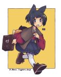  1girl animal_ears bangs black_hair black_skirt blush boots brown_capelet brown_footwear capelet commentary english_commentary eyebrows_visible_through_hair fox_ears fox_girl fox_tail full_body holding japanese_clothes kimono kitsune kukuri_(mawaru) long_sleeves looking_at_viewer mawaru_(mawaru) open_mouth original pantyhose pleated_skirt purple_eyes red_kimono school_briefcase skirt solo tail two-tone_background white_background white_legwear wide_sleeves yellow_background 