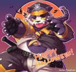  1boy absurdres alp_(housamo) animal_ears animal_nose bat belly belt black_necktie braid claws colored_sclera colored_tips commentary fangs fangs_out fingernails furry furry_male gradient gradient_background happy_halloween hat highres long_hair looking_at_viewer male_focus moon multicolored_hair multicolored_necktie necktie orange_background orange_moon orange_necktie panda_boy panda_ears plump police police_hat police_uniform purple_background purple_eyes purple_fur purple_hair sharp_fingernails shirt simple_background solo studded_belt tokyo_afterschool_summoners tongue tongue_out twitter_username two-tone_fur uniform upper_body white_fur yedsilent yellow_sclera 