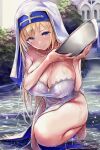  1girl bangs blue_eyes blush breasts dress habit kneeling large_breasts long_hair looking_at_viewer mappaninatta nun original outdoors side_slit solo thighs wet wet_clothes white_dress 
