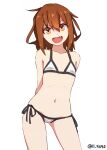  1girl 4690_(tkpbsk) arms_behind_back bangs bikini brown_hair eyebrows_visible_through_hair fang flat_chest hair_between_eyes hair_ornament hairclip ikazuchi_(kancolle) kantai_collection looking_at_viewer open_mouth orange_eyes short_hair side-tie_bikini solo swimsuit symbol-only_commentary twitter_username white_bikini 