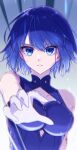  1girl aroma_(aaaaroma_6) bangs blue_eyes blue_hair breasts ciel_(tsukihime) cleavage gradient gradient_background highres large_breasts looking_at_viewer parted_lips powered_ciel scar short_hair solo tsukihime tsukihime_(remake) upper_body 