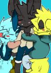  2016 ambiguous_gender anthro aru_(dinogaize) black_body black_fur blue_background blue_body blue_bottomwear blue_clothing blue_fur blue_pants blush bodily_fluids bottomwear brown_clothing clothing dinogaize embrace eyes_closed fluffy fluffy_tail fur grey_bottomwear grey_clothing grey_pants group holding_arm hoodie hug inner_ear_fluff kemono lucas_(dinogaize) mighty_(dinogaize) neck_tuft no_shading pants partially_open_mouth simple_background sleeping teal_hoodie topwear trio tuft yellow_body yellow_fur young 