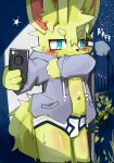  2018 anthro blue_eyes blush body_blush clothing dinogaize drawstring fluffy fluffy_tail inner_ear_fluff jacket japanese_text kemono leaf mouth_covered navel neck_tuft phone pupils solo star taking_picture text topwear translated tuft underwear white_briefs white_pupils yodomaru_(dinogaize) young 