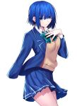  1girl absurdres bangs blue_eyes blue_hair blue_skirt bow bowtie ciel_(tsukihime) closed_mouth cowboy_shot exa_(koyuru) green_bow green_bowtie hand_on_own_chest highres long_sleeves looking_at_viewer short_hair simple_background skirt smile solo standing sweater tsukihime tsukihime_(remake) white_background yellow_sweater 