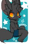 2016 :3 anthro black_body black_fur blue_bottomwear blue_clothing blue_shorts blush bottomwear clothed clothing cute_fangs dinogaize fluffy fluffy_tail fur hands_crossed inner_ear_fluff kemono looking_at_viewer mighty_(dinogaize) neck_tuft no_pupils no_shading orange_eyes shorts simple_background sitting solo star text topless tuft young 