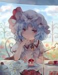  1girl absurdres bat_wings blue_hair blue_sky brooch cake cloud cup day flower food frilled_shirt_collar frills fruit glint hat hat_ribbon highres holding jewelry kozumi_(tokuni_naitteba) looking_at_viewer mob_cap plate puffy_short_sleeves puffy_sleeves red_eyes red_ribbon remilia_scarlet ribbon short_hair short_sleeves sky solo strawberry table teacup tiered_tray touhou upper_body wings wrist_cuffs 
