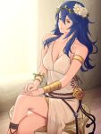  1girl absurdres alternate_costume armlet bangs bare_shoulders blue_eyes blue_hair bracer breasts circlet cleavage closed_mouth collarbone crossed_legs dress english_commentary fire_emblem fire_emblem_awakening flower gold hair_between_eyes hair_flower hair_ornament hands_on_own_knees highres legs lips long_hair lucina_(fire_emblem) medium_breasts own_hands_together plant rope_belt rose side-tie_dress sitting solo stool sunflower sunflower_hair_ornament thighlet thighs truejekart vines white_dress yellow_flower yellow_rose 