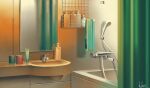  bath bathroom bathtub commentary_request cup curtains hakuurei_amano highres indoors mirror mug no_humans original scenery shadow shower_head sink towel 