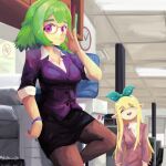  2girls alternate_costume black_skirt blonde_hair breasts clock closed_eyes collared_shirt crossover erodozer glasses green_hair green_ribbon hair_ribbon highres ichika_maia indie_virtual_youtuber jacket leaning_to_the_side long_hair medium_breasts multiple_girls nijisanji nijisanji_en office_lady pencil_skirt pink_jacket pomu_rainpuff purple_eyes ribbon shirt short_hair skirt smile trait_connection virtual_youtuber white_shirt 