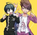  2boys :d ahoge bangs black_pants brown_eyes brown_hair buttons collarbone danganronpa_(series) danganronpa_v3:_killing_harmony deki_(dekiebi) double-breasted facial_hair goatee grin hair_between_eyes hands_up highres jacket looking_at_another male_focus momota_kaito multiple_boys musical_note open_clothes open_jacket open_shirt pants pink_eyes pink_jacket pink_pants print_shirt saihara_shuuichi shiny shiny_hair shirt sideways_glance smile space_print starry_sky_print striped striped_jacket striped_pants teeth upper_teeth white_shirt yellow_background 