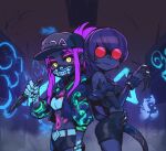  2girls akali bangs bare_shoulders baseball_cap belt black_shorts breasts claws detached_sleeves evelynn_(league_of_legends) fur_trim glowing glowing_eyes hat holding holding_weapon k/da_(league_of_legends) k/da_akali k/da_evelynn kunai league_of_legends long_hair looking_at_viewer mask medium_breasts medium_hair mouth_mask multiple_girls navel phantom_ix_row pink_hair shiny shiny_skin shorts smile stomach sunglasses symbol-only_commentary weapon yellow_eyes 