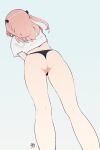  1girl ass black_panties clothes_lift feet_out_of_frame foreshortening from_behind gradient gradient_background inui_sajuna long_hair panties pink_hair shirt shirt_lift signature solo sono_bisque_doll_wa_koi_wo_suru standing t-shirt thighs thong twintails underwear white_shirt yan_wan 
