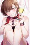  1girl alcohol bare_shoulders brown_eyes brown_hair closed_eyes cup grin highres holding holding_cup iceman_desu meiko meiko_(vocaloid3) short_hair sitting sleeveless smile solo vocaloid wrist_cuffs 
