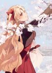 1girl absurdres arm_up bangs blonde_hair bow branch closed_fan commentary cowboy_shot day earrings ereshkigal_(fate) ereshkigal_(youming_niangniang)_(fate) eyebrows_visible_through_hair eyes_visible_through_hair fate/grand_order fate_(series) flower folding_fan from_side hair_bow hand_fan high_collar highres holding holding_fan jewelry long_hair long_sleeves looking_away looking_up misaki346 nail_polish outdoors parted_bangs pinky_out profile reaching red_bow red_eyes red_nails signature smile solo tassel two_side_up very_long_hair vietnamese_dress 