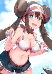  1girl absurdres baileys_(tranquillity650) bangs bare_shoulders belt bikini bikini_top_only blue_eyes blue_sky breasts brown_belt brown_hair cleavage cloud denim denim_shorts double_bun hair_between_eyes halterneck hands_up highres holding holding_towel large_breasts leaning_forward long_hair looking_at_viewer open_mouth poke_ball_symbol pokemon pokemon_(game) pokemon_bw2 rosa_(pokemon) short_shorts shorts signature sky solo strap_gap swimsuit teeth towel twintails upper_teeth visor_cap water_drop 