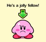  artsy-rc closed_mouth english_text frown kirby kirby_(series) looking_at_viewer no_humans parody raised_eyebrow simple_background solo uneven_eyes yellow_background 