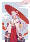  1girl absurdres alternate_costume bow cherry_blossoms closed_mouth commentary eyebrows_behind_hair feet_out_of_frame fire fish flame flower fox_mask fujiwara_no_mokou grey_hair hair_flower hair_ornament highres japanese_clothes kimono long_hair long_sleeves looking_at_viewer mask mask_on_head red_bow red_eyes red_flower single_sidelock smile solo split_mouth touhou umbrella very_long_hair waist_bow wide_sleeves yongzhe_mei_hong 