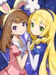  2girls asagi1111 bangs blonde_hair blue_dress blue_hairband blush braid brown_hair closed_mouth commentary_request dress elbow_gloves eyelashes from_side gloves green_eyes grey_eyes hairband hands_up highres lillie_(pokemon) long_hair looking_to_the_side may_(pokemon) multiple_girls official_alternate_costume pink_dress pokemon pokemon_(game) pokemon_masters_ex smile twin_braids white_gloves wrist_cuffs yellow_hairband 
