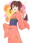  1girl brown_eyes brown_hair floral_background flower gintama highres ibaraki_shun japanese_clothes kimono ponytail sash shimura_tae smile solo 