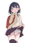  1girl backpack bag bangs black_hair black_ribbon black_skirt blue_eyes blush brown_cardigan cardigan clothes_lift collared_shirt commentary_request dress_shirt eyebrows_visible_through_hair gyuunyuu_nomio hair_ornament hand_to_own_mouth hand_up highres lifted_by_self long_sleeves looking_at_viewer neck_ribbon open_cardigan open_clothes original panties pleated_skirt randoseru ribbon romaji_commentary romaji_text shirt simple_background sketch skirt skirt_lift solo underwear white_background white_panties white_shirt 