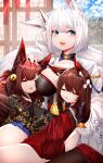  3girls absurdres akagi-chan_(azur_lane) akagi_(azur_lane) amagi-chan_(azur_lane) amagi_(azur_lane) animal_ears azur_lane bell blue_eyes blue_skirt breasts brown_hair brown_tail cleavage closed_eyes collar fox_ears hair_bell hair_ornament highres indoors japanese_clothes kaga_(azur_lane) kimono kitsune kyuubi large_breasts long_hair medium_hair metal_collar miniskirt multiple_girls multiple_tails open_mouth sakuramon samip sideways_glance skirt sleeping tail white_hair white_kimono white_tail 