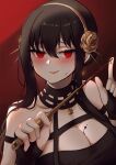  1girl beimulakia black_hair blood blood_on_breasts blood_on_weapon blush breasts cleavage dagger highres holding holding_weapon knife large_breasts looking_at_viewer red_background red_eyes simple_background smile spy_x_family weapon yor_briar 