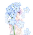  1boy blue_eyes blue_hair flower highres male_focus multicolored_hair nyamnyam0502 one_eye_covered oversized_flowers paradox_live purple_hair shirt short_hair short_sleeves smile solo white_background white_shirt yatonokami_nayuta 