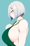  1girl blue_background blue_eyes blush breasts closed_mouth collarbone dress from_side green_dress hair_ornament hair_over_one_eye hairclip hamakaze_(kancolle) hauto-san highres huge_breasts kantai_collection short_hair sideboob silver_hair simple_background solo upper_body 
