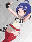  1girl ahoge armpits blue_hair brown_eyes eyebrows_visible_through_hair fingerless_gloves flat_chest gloves highres jacket jane_(ninjala) multicolored_clothes multicolored_jacket ninjala nurugamer-kouyouju red_legwear short_hair solo zipper 