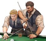  2boys ball beard billiard_ball black_hair blonde_hair blue_vest cigarette closed_mouth cue_stick cup facial_hair highres holding holding_cigarette holding_cue_stick holding_cup male_focus multiple_boys necktie nez overwatch pool_table reaper_(overwatch) shirt short_hair soldier:_76_(overwatch) vest watch white_shirt wristwatch 