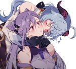  2girls ahoge bare_shoulders black_gloves blue_hair blush breasts closed_eyes collarbone detached_sleeves ganyu_(genshin_impact) genshin_impact gloves goat_horns hair_between_eyes hair_cones heart horns hug hug_from_behind keqing_(genshin_impact) kiss kissing_cheek long_hair medium_breasts multiple_girls negom pantyhose pink_eyes purple_hair simple_background white_background yuri 