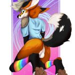  absurd_res anthro balls beans_(disambiguation) canid canine character_fontaine clothing flustered fox genitals hi_res legwear male mammal pawpads paws presenting raised_tail ralian_(artist) shirt solo stockings topwear 
