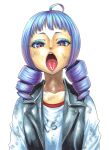  1girl absurdres black_vest blue_hair blue_shirt commentary_request dead_by_daylight dirty dirty_face drill_hair eyelashes eyeshadow feng_min highres makeup open_mouth painting_(medium) purple_eyes shirt short_eyebrows solo takayama_akira tongue tongue_out traditional_media twin_drills upper_body vest watercolor_(medium) 