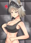  ! !! 1girl :o animal_ears arknights ashlock_(arknights) bangs bare_arms bare_shoulders beryll blush breasts cleavage collarbone commentary_request crop_top grey_eyes grey_hair groin headgear highres indoors large_breasts looking_at_viewer midriff navel open_mouth partial_commentary short_hair solo sports_bra stomach sweat upper_body 